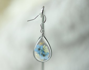 925 Sterling Silver Forget Me Not Flower Earrings, Real Pressed Flower Earrings, Handmade Floral Earrings for Women, Dangle Drop Earrings