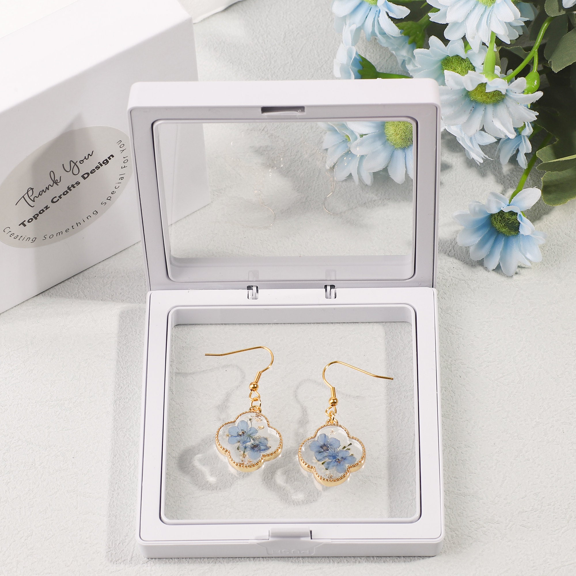 Gold Forget Me Not Flower Earrings, Clover Earrings for Women, Real Pressed Flower Earrings, Handmade Floral Earrings for Her, Gift for Mom