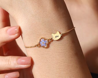 Gepersonaliseerde kattennaamarmband met echt vergeet-mij-nietje, kat herdenkingssieraden, huisdier verlies sympathie cadeau, cadeau voor kattenliefhebbers