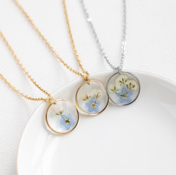 Forget Me Not and Baby’s Breath Flower Necklace, Multiple Miscarriage Gift, Handmade Real Flower Necklace, Baby Loss Gift, Grieving Mom Gift