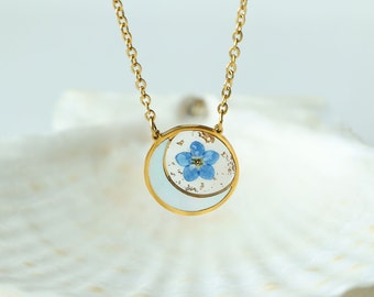 Mother of Pearl Forget Me Not Flower Necklace for Women, Real Pressed Flower Necklace, Birthday Gift, Anniversary Gift, Gift for Her
