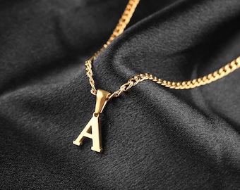 18K Gold Initial Necklace For Men, Gold Custom Necklace, Men Initial Necklace, Stylish Letter Pendant Cuban Chain Necklace, Gift For Him