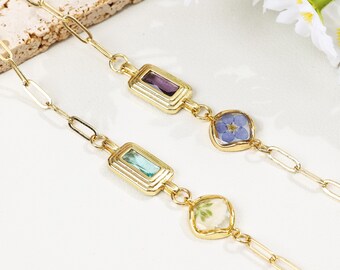 Custom Square Birthstone Necklace, Forget Me Not & Baby's Breath Necklace, Handmade Jewelry, Pressed Flower Jewelry