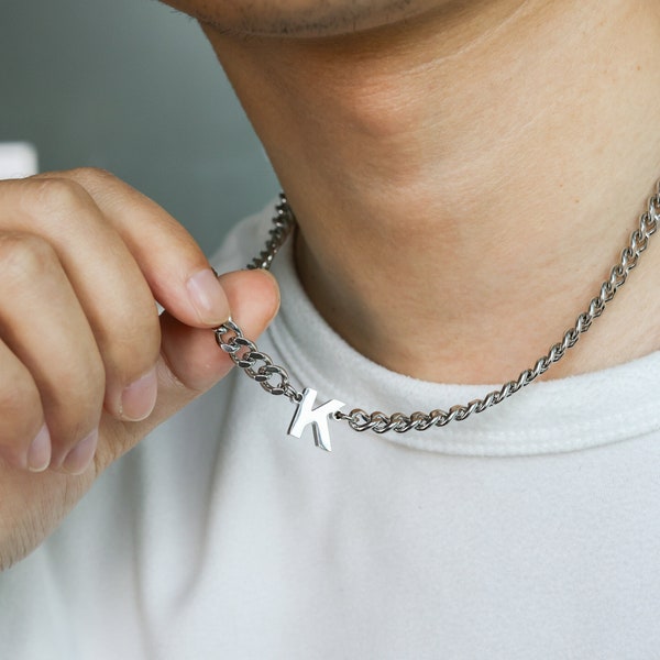 Custom Initial Necklace for Men, Silver Letter Men's Necklace, 6.5mm Cuban Chain Necklace, Waterproof Necklace, Birthday Gift