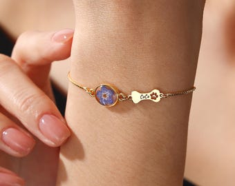 Pulseira personalizada com nome de cachorro e flor "Não me esqueças": presente personalizado para perda de cachorro, pulseira memorial para animais de estimação, joias de lembrança para animais de estimação