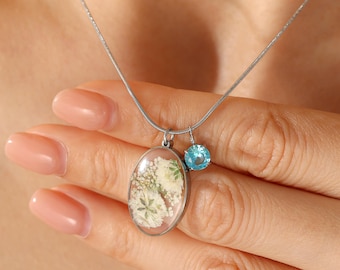 Handmade Lace Flower and Baby’s Breath Necklace, Oval Resin Pendant with Optional Birthstone, Thoughtful Gift for Elegant Women