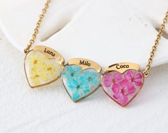 Multi-Color Flower Heart Necklace, Custom Name Engraved Jewelry, Family Flower Necklace, Meaningful Gift for Mom, Handmade Keepsake