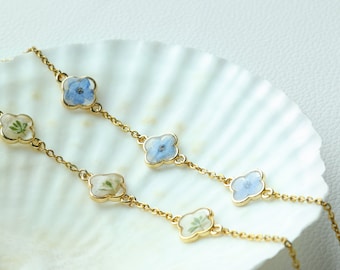Forget Me Not and Baby&#39;s Breath Bracelet, Memorial Bracelet, Real Pressed Flower Bracelet, Miscarriage Gift, Anniversary Gift, Birthday Gift