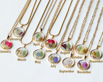 Personalized Halloween Necklace, Birth Flower Resin Necklace, Real Dried Flower Jewelry, Halloween Gift for Girls Daughter