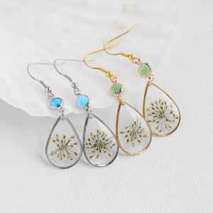 Personalized Birthstone Queen Anne&#39;s Lace Earrings, Handmade Pressed Flower Earrings, Real Flower Resin Jewelry, Birthday Gift for Her