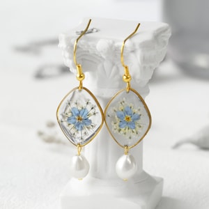 Forget Me Not Flower Earrings, Real Flower Earrings, Pearl Earrings for Women, Wedding Gift, Bridesmaid Gift, Anniversary Gift for Her