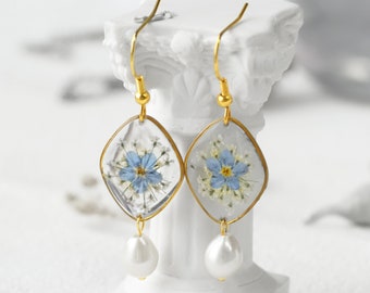 Forget Me Not Flower Earrings, Real Flower Earrings, Pearl Earrings for Women, Wedding Gift, Bridesmaid Gift, Anniversary Gift for Her