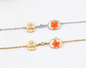 Custom Halloween Ghost Bracelet, Birthstone Bracelet, Engraved Real Flower Pumpkin Jewelry, Halloween Party Gift