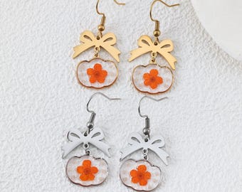 Halloween Pumpkin Earrings, Real Pressed Forget Me Not Resin Dangles, Bow Accent Stainless Steel Jewelry, Cute Spooky Halloween Gift