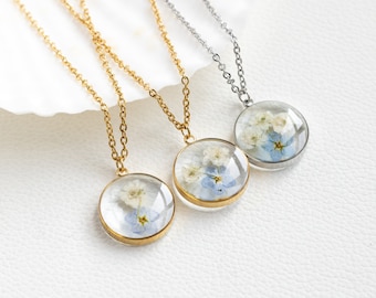 Forget Me Not and Baby’s Breath Flower Necklace, Handmade Thick Flower Pendant, Multiple Miscarriage Gift, Baby Loss Gift, Grieving Mom Gift