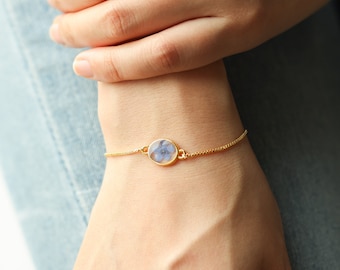 Pulsera de oro no me olvides, joyería de dama de honor, pulsera de flores prensadas reales, regalo de cumpleaños, regalo de aniversario, regalo para mamá