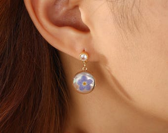 Real Forget Me Not & Mother of Pearl Earrings, Ocean Inspired Resin Dangle Earrings, Gift for Her