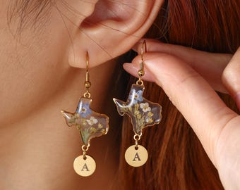 Personalized State Earrings, Custom Initial Real Flower Jewelry, Long Distance Friendship Gift, Best Friend Gift for Her