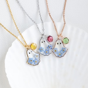 Custom Birthstone Forget Me Not Flower Ghost Necklace, Handmade Real Flower Necklace, Ghost Jewelry, Birthday Gift, Halloween Gift for Her