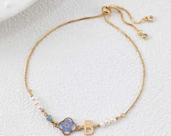 Personalized Memorial Bracelet, Forget Me Not Flower Jewelry, Custom Initial Birthstone Bracelet, Pearl Remembrance Gift for Her