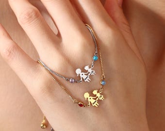 Personalized Mother Daughter Bracelet, Custom Two Birthstone Jewelry, Engraved Daughter Name Bracelet, Family Gift for Mom, Daughter Gift