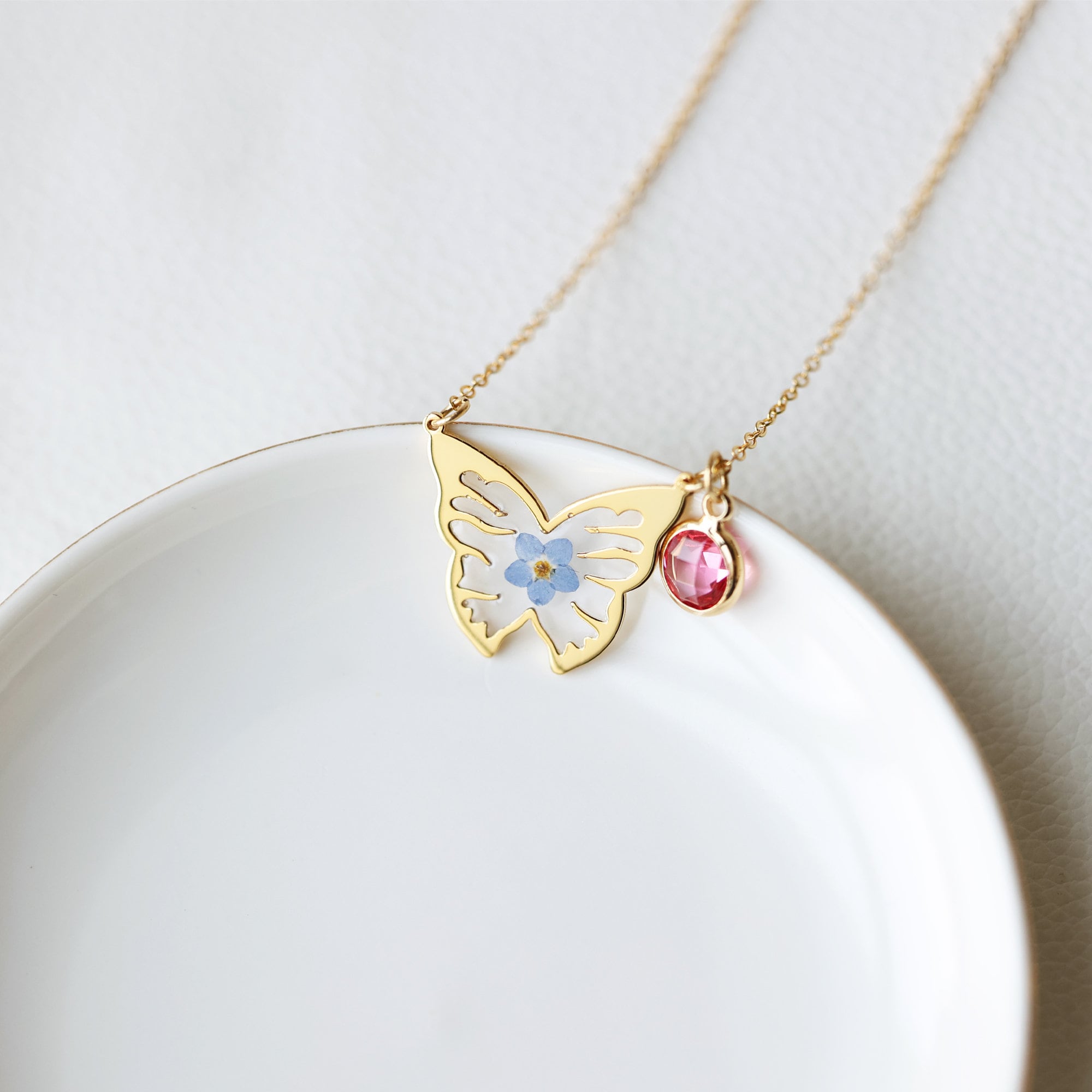Sterling Silver Forget Me Not Flower Butterfly Necklace, Custom Birthstone Necklace, Handmade Real Pressed Flower, Birthday Gift for Her
