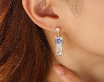 Real Forget-Me-Not Flower Earrings with Mother of Pearl | Ocean Wave Shimmer Jewelry