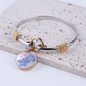 Forget Me Not Charm Bangle for Women, Real Wildflower Bracelet,  Flower Two Tone Bangle Filled Cable Bracelet