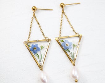 Forget Me Not Earrings, Real Pressed Flower Pearl Earrings, Botanical Bridal Jewelry, Handmade Nature Inspired Gift for Her