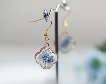 Gold Forget Me Not Flower Earrings, Clover Earrings for Women, Real Pressed Flower Earrings, Handmade Floral Earrings for Her, Gift for Mom