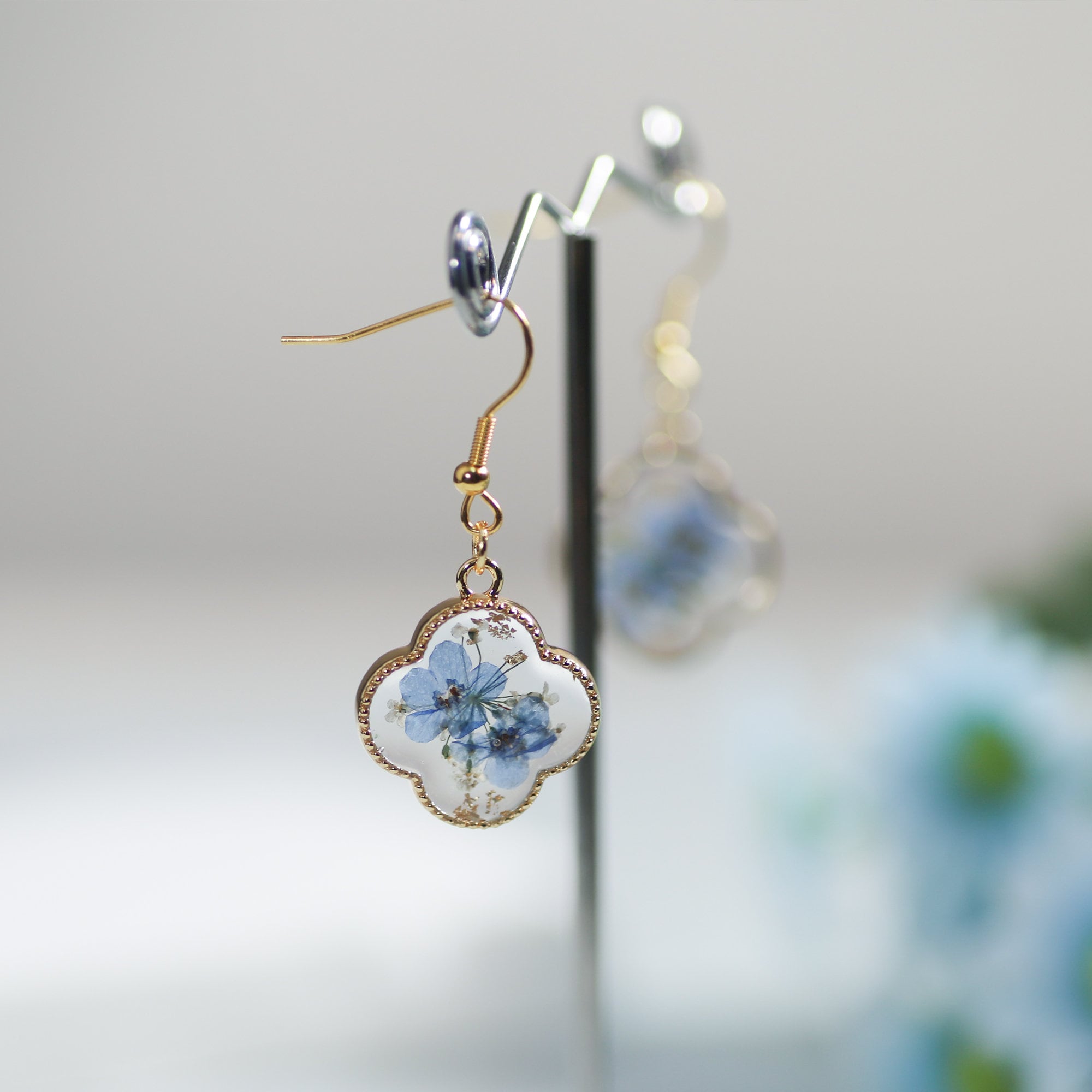 Gold Forget Me Not Flower Earrings, Clover Earrings for Women, Real Pressed Flower Earrings, Handmade Floral Earrings for Her, Gift for Mom