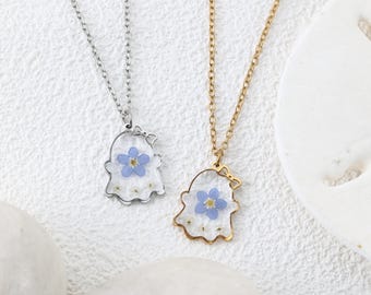 Kids Halloween Ghost Necklace, Cute Spooky Flower Pendant, Real Forget Me Not Resin Jewelry, Halloween Gift For Girls, Handmade Floral Gift
