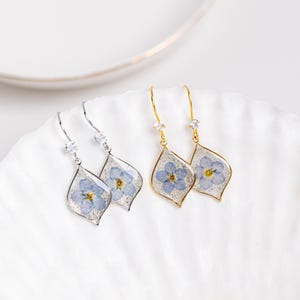 Forget Me Not Flower Zircon Earrings, Sterling Silver Resin Real Flower Earrings, Handmade Pressed Flower Earrings, Birthday Gift for Her