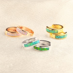 Opal Inlay Huggie Hoop Earrings, Opal Hoop Earrings for Women, Gemstone Green, Milk White Opal Stone Earrings, Custom Birthday Gift
