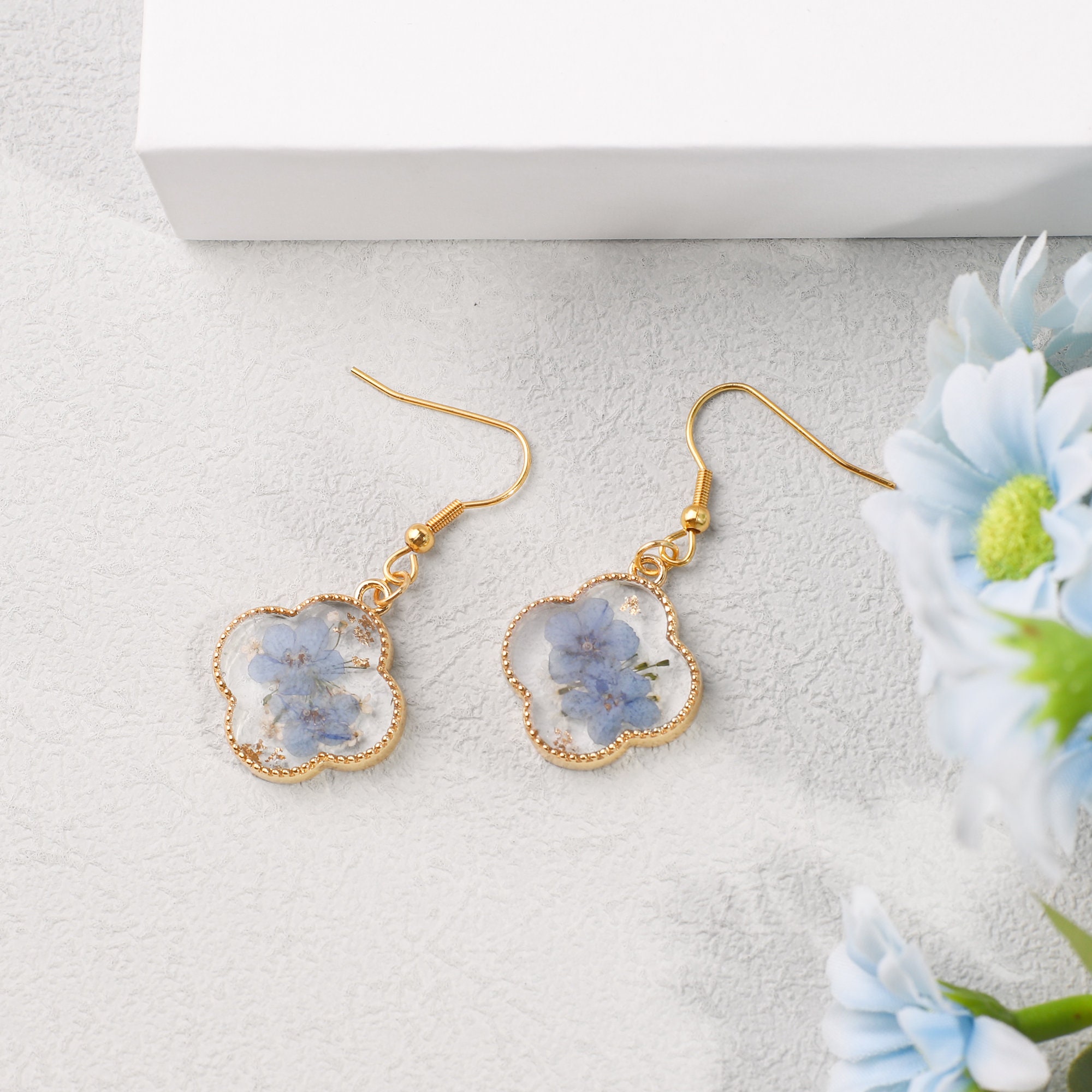 Gold Forget Me Not Flower Earrings, Clover Earrings for Women, Real Pressed Flower Earrings, Handmade Floral Earrings for Her, Gift for Mom