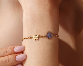 Personalized Butterfly Bracelet, Custom Name Dried Flower Jewelry, Forget Me Not Flower Bracelet, Paw Print Bracelet