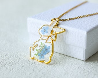 Pressed Flower Rabbit Necklace, Forget Me Not Real Flower Necklace, Easter Rabbit Necklace, Resin Necklace, Gift for Her, Birthday Gift