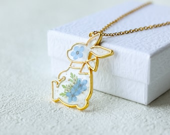 Pressed Flower Rabbit Necklace, Forget Me Not Real Flower Necklace, Easter Rabbit Necklace, Resin Necklace, Gift for Her, Birthday Gift