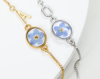 Personalized Handmade Forget-Me-Not Initial Bracelet, Stainless Steel with Real Pressed Flower