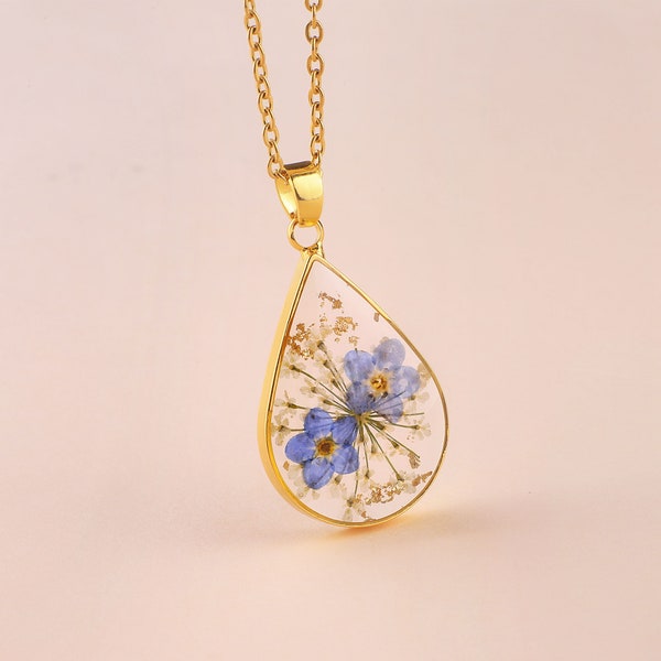 Gold Pressed Forget me not Flower Necklace for Women, Real Pressed Flower Necklace, Handmade Real Flower Jewelry, Gift for Mom