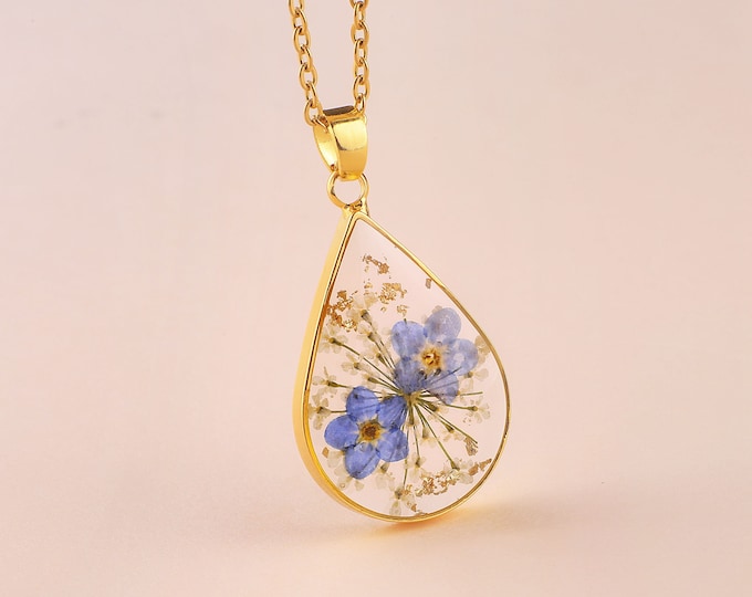 Gold Pressed Forget me not Flower Necklace for Women, Real Pressed Flower Necklace, Handmade Real Flower Jewelry, Gift for Mom