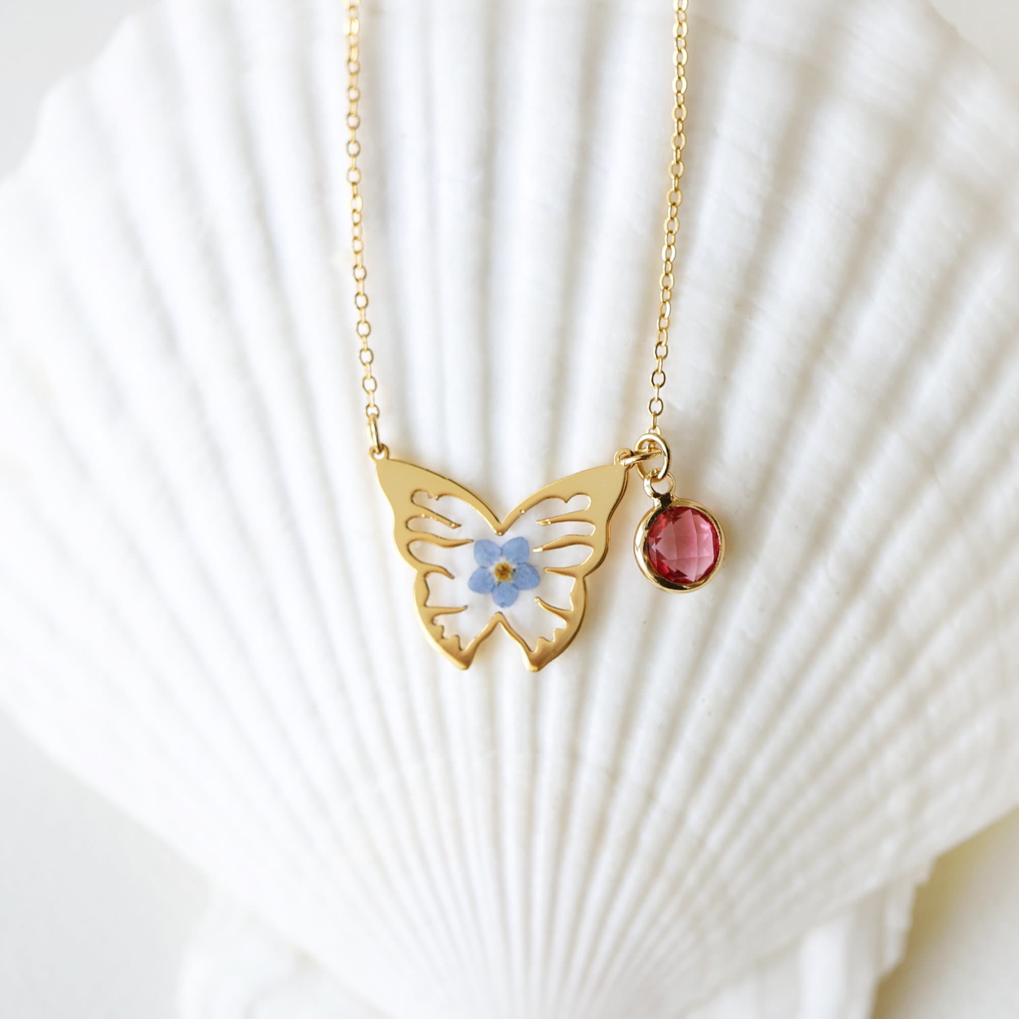 Sterling Silver Forget Me Not Flower Butterfly Necklace, Custom Birthstone Necklace, Handmade Real Pressed Flower, Birthday Gift for Her