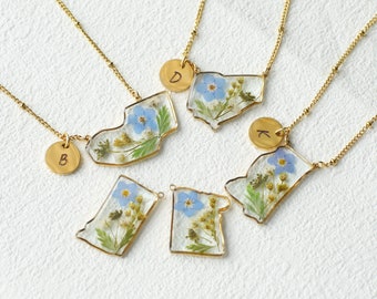 Custom Initial Tiny States Necklace, Forget Me Not Flower Long Distance Necklace, Friendship Necklace, Couple Gift, Anniversary Gift for Her