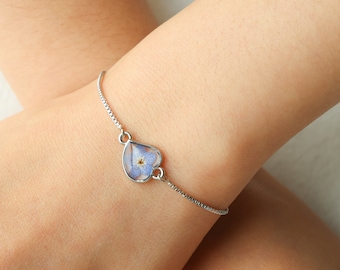 Hart vergeet-mij-niet-armband, armband geperste bloem, miskraamcadeau, verjaardagscadeau, cadeau voor moeder, cadeau voor haar