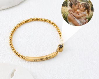 Custom Double-Sided Engraved Projection Stone Bead Bracelet, Personalized Hidden Photo Bracelet with Inner & Outer Engraving