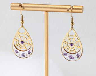 Halloween Spider Web Earrings, Real Pressed Purple Forget Me Not Flower Resin Drop Earrings With Birthstone, Cute Spooky Floral Jewelry Gift