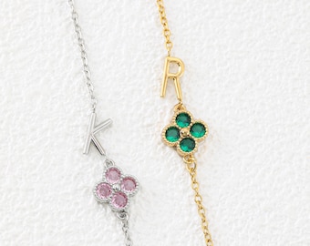 Personalized Birthstone Initial Bracelet, Custom Letter Bracelet for Women, Minimalist Birthday Jewelry, Meaningful Anniversary Gift