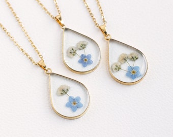 Baby's Breath and Forget Me Not Flower-ketting, cadeau meerdere miskraam, handgemaakte ketting met echte bloem, babyverlies, babyverliescadeau