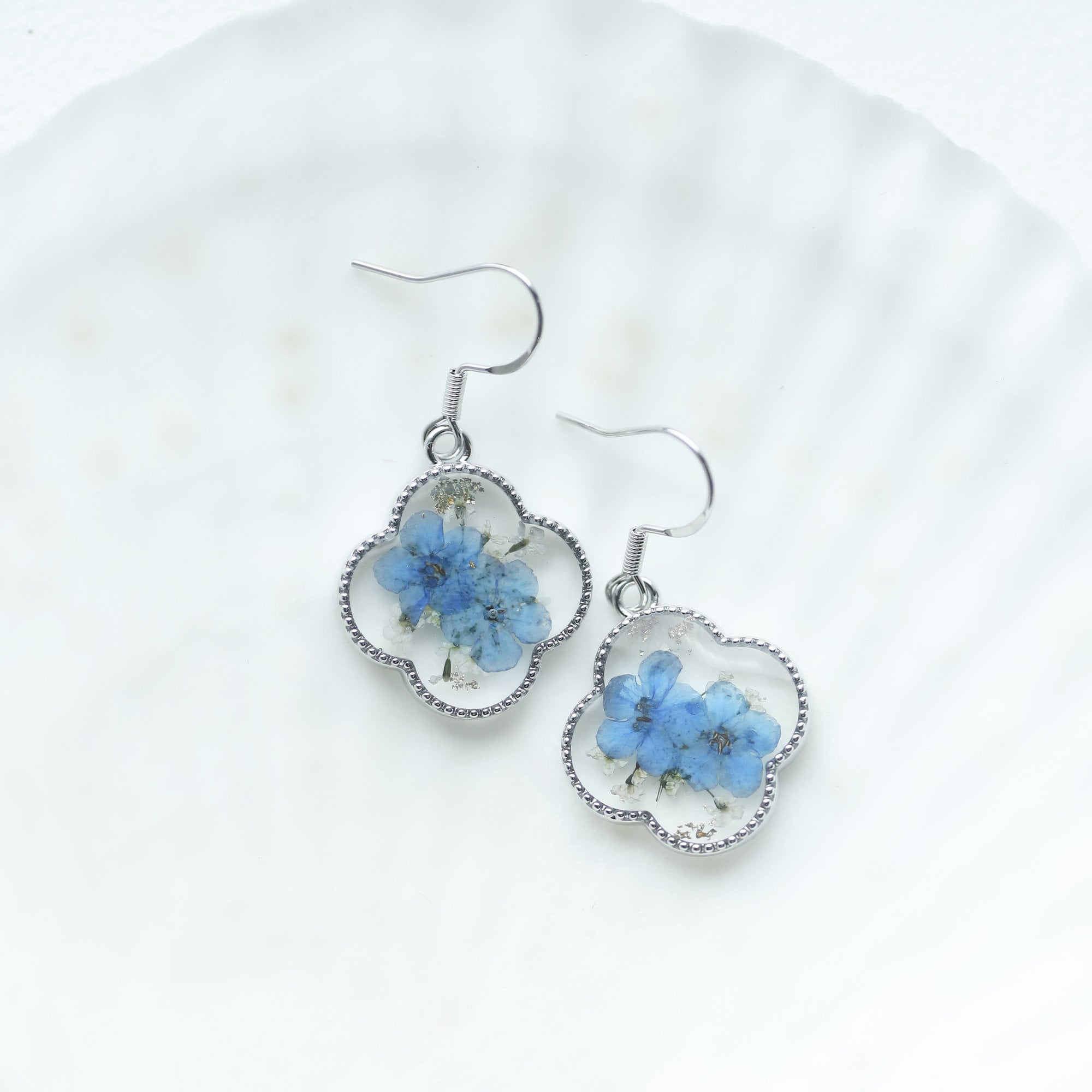 Gold Forget Me Not Flower Earrings, Clover Earrings for Women, Real Pressed Flower Earrings, Handmade Floral Earrings for Her, Gift for Mom