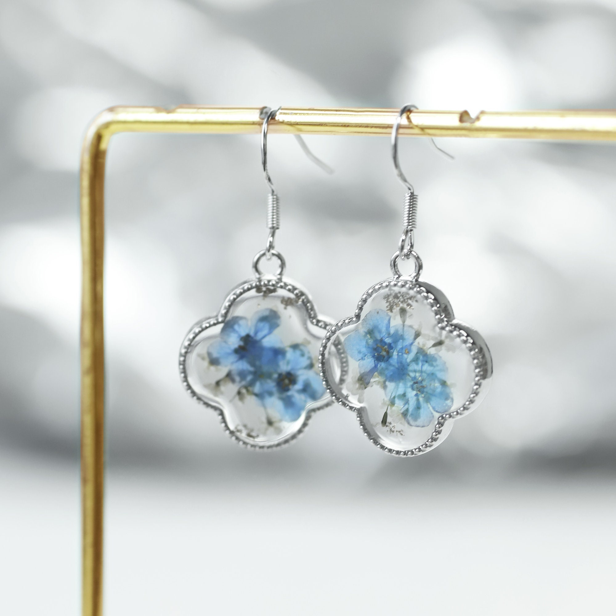 Gold Forget Me Not Flower Earrings, Clover Earrings for Women, Real Pressed Flower Earrings, Handmade Floral Earrings for Her, Gift for Mom